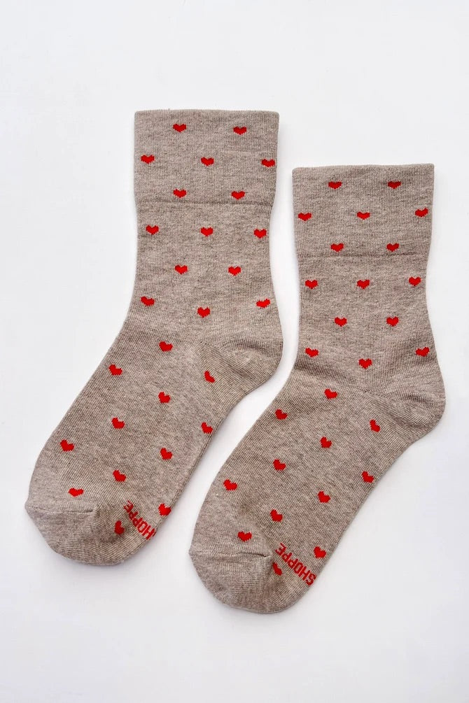 Heart Sneaker Socks - Latte/Red