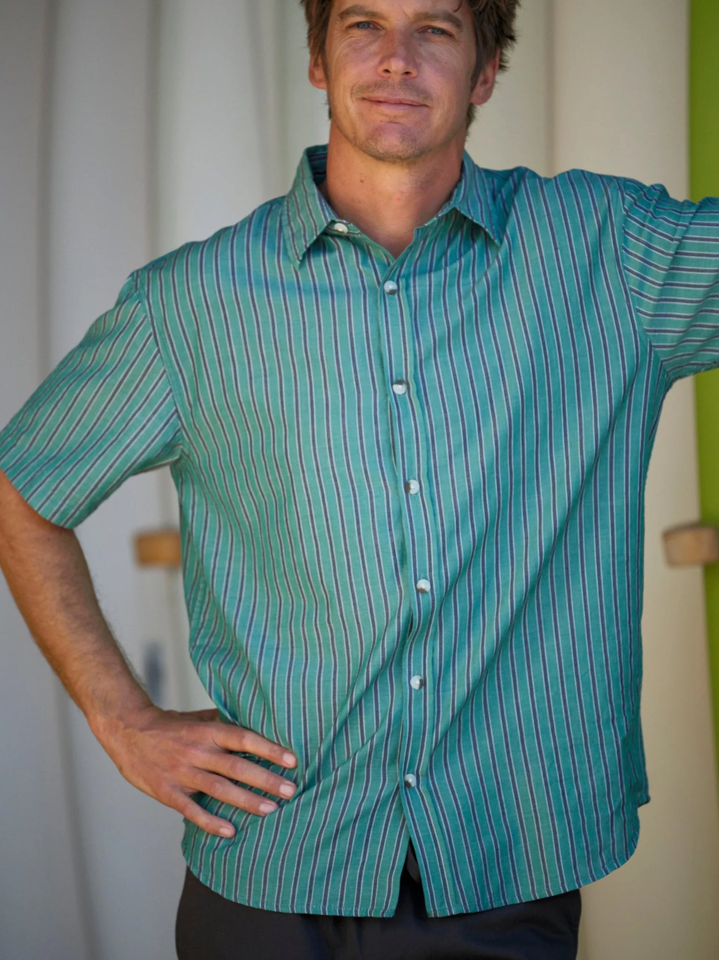 Summer Shirt - Green and Navy Stripe