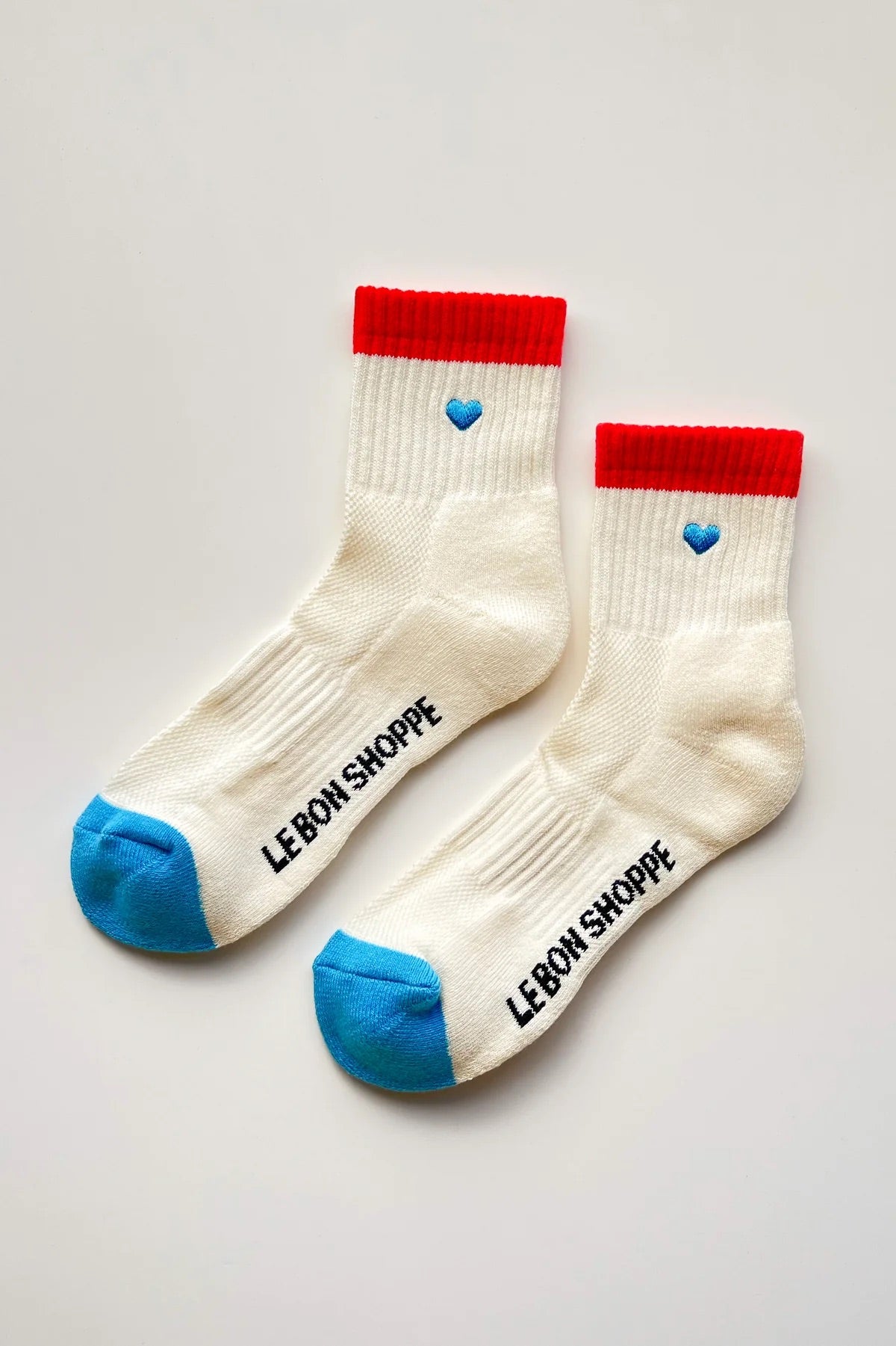 Embroidered Color Block Socks - Blue Red + Heart