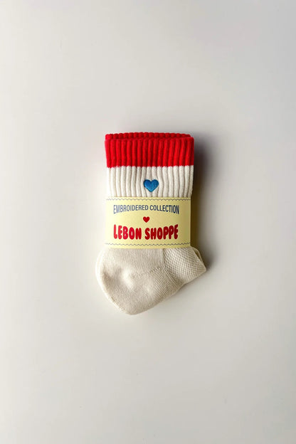 Embroidered Color Block Socks - Blue Red + Heart