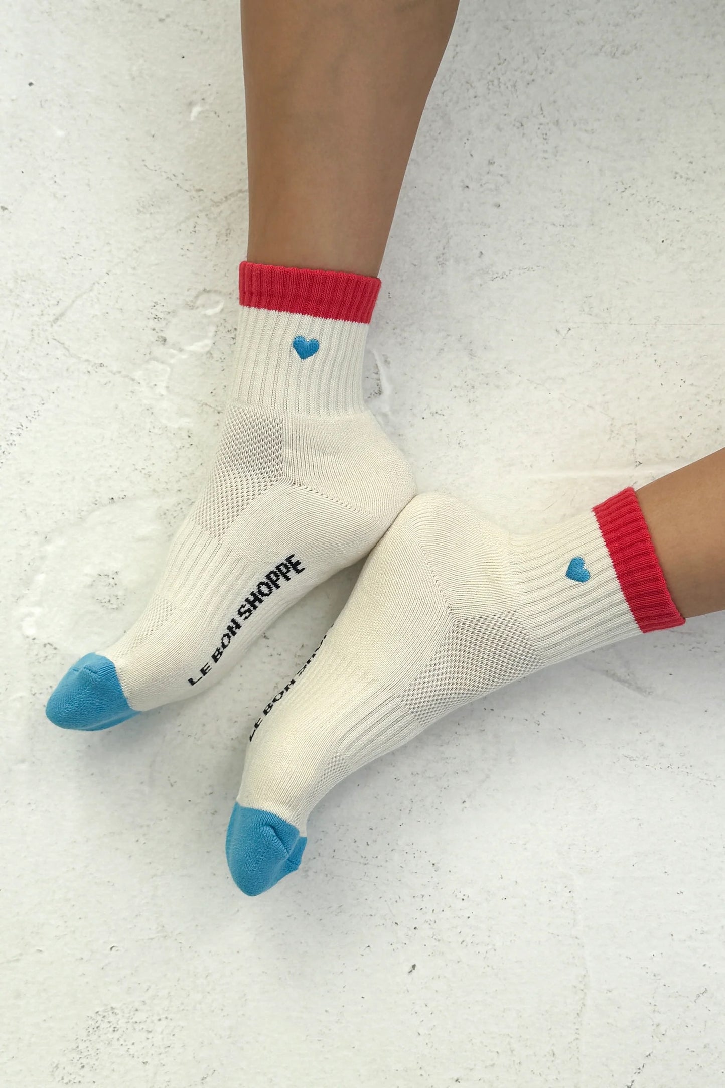 Embroidered Color Block Socks - Blue Red + Heart