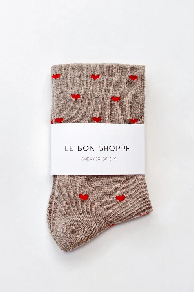 Heart Sneaker Socks - Latte/Red