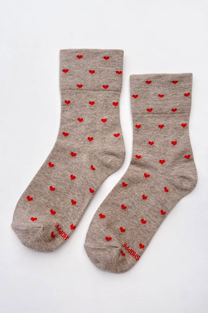 Heart Sneaker Socks - Latte/Red