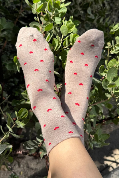 Heart Sneaker Socks - Latte/Red