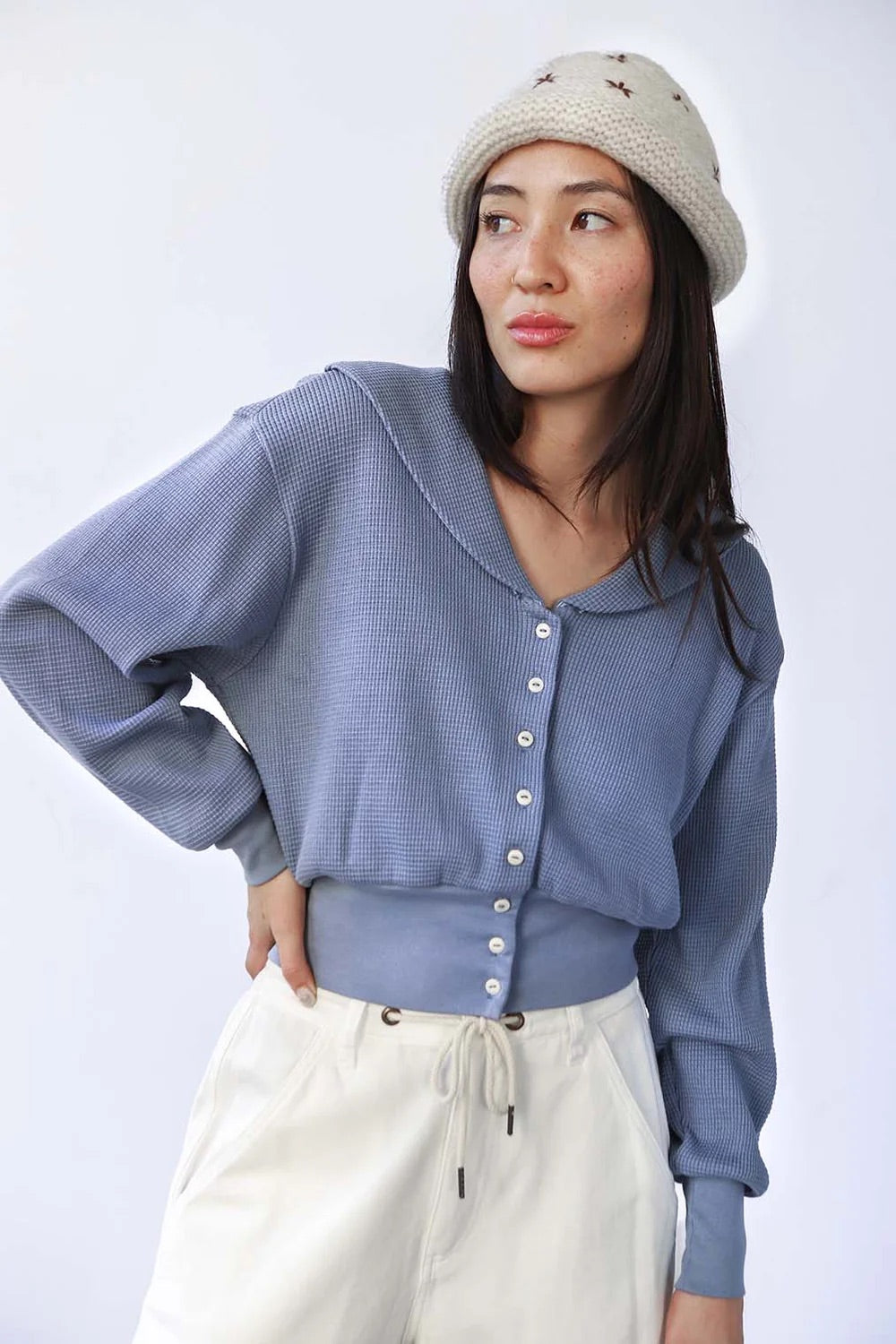 Waffle Sailor Cardigan - Pebble Blue