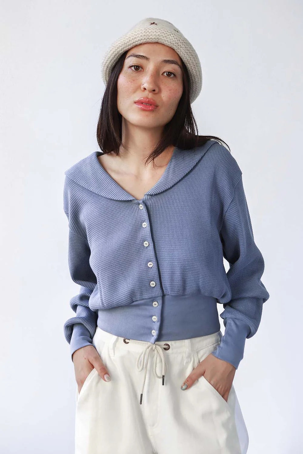 Waffle Sailor Cardigan - Pebble Blue